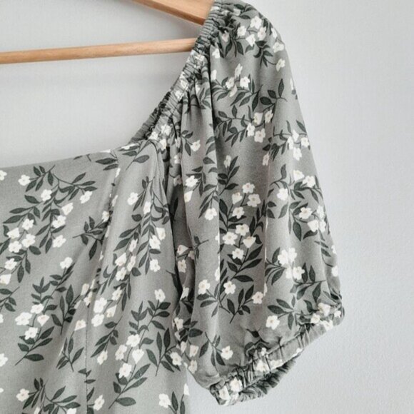 Twik by SIMONS \ Puff Sleeve Mini Dress Gray Sage Green White Ditsy Floral Sz M - Picture 5 of 11